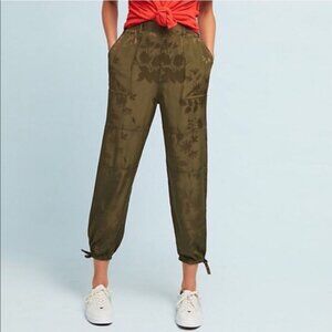 Anthropologie Silk Floral Jacquard Utility Joggers Moss Green Size XXS Petite